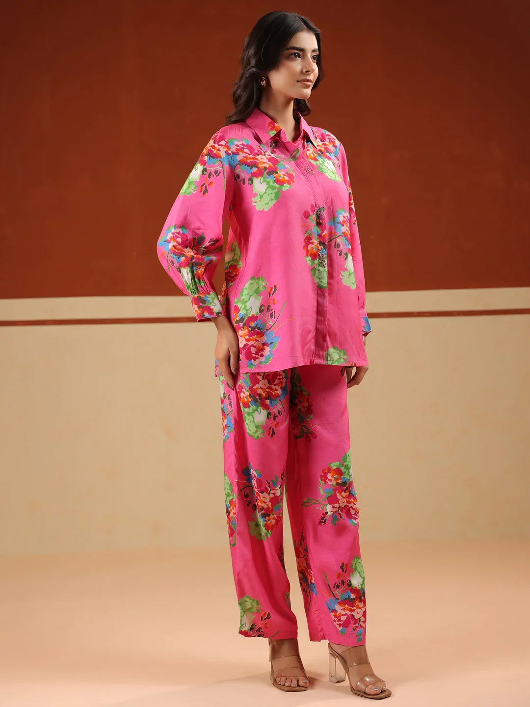 Pink Floral Print Relaxed Shirt and Trousers Co-ords Set - SanskrutiHomes 
