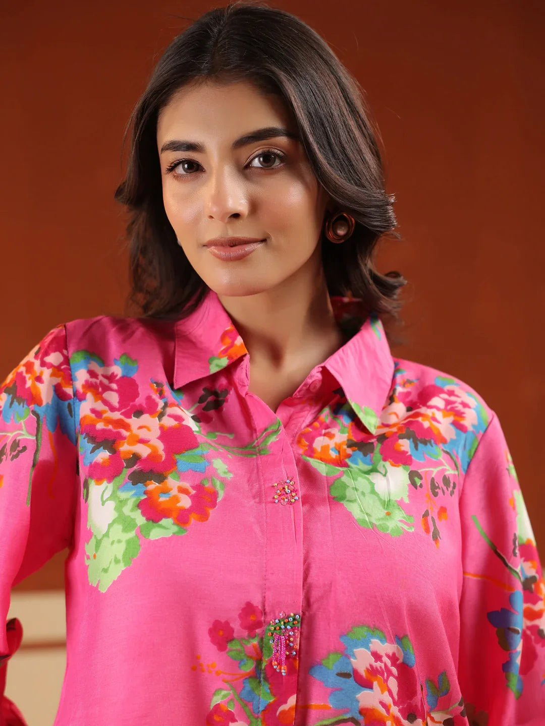 Pink Floral Print Relaxed Shirt and Trousers Co-ords Set - SanskrutiHomes 