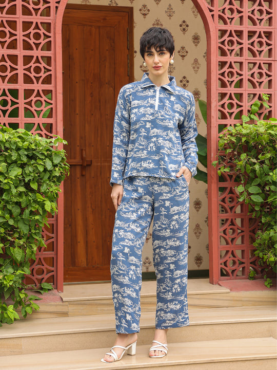 Blue Shirt Collar Pure Cotton Shirt Printed Co-ords Set for Women