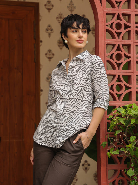 White Shirt Collar Pure Cotton Shirt Printed Co-ords Set for Women