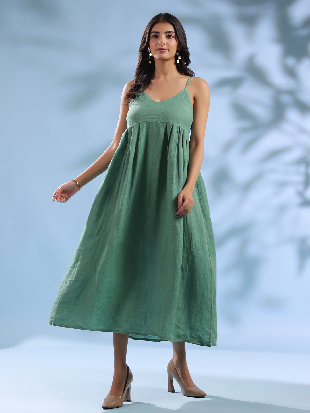 Green Pure Linen Fabric Midi Cami Dress for Women