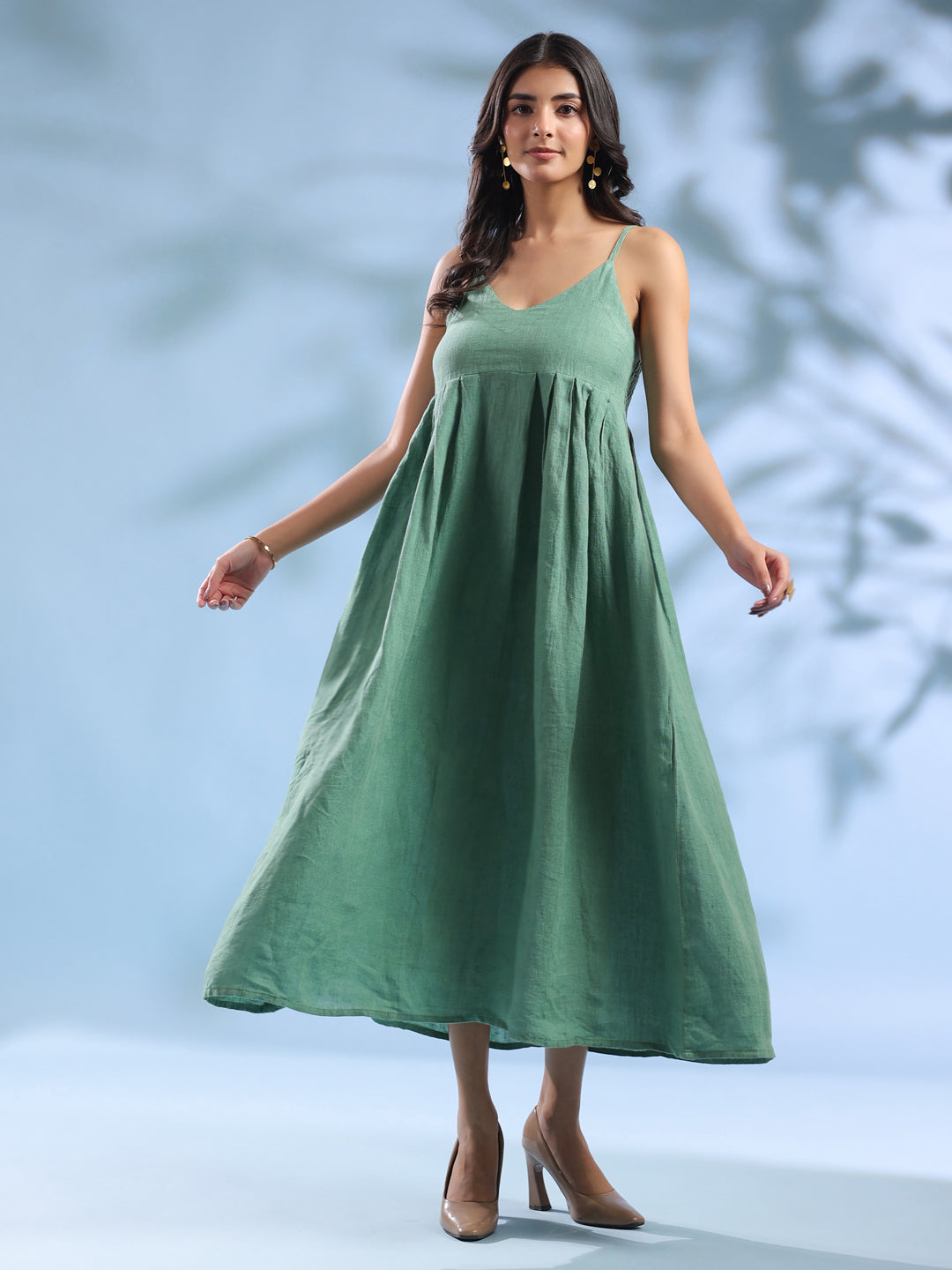 Green Pure Linen Fabric Midi Cami Dress for Women