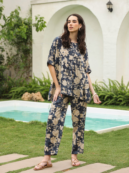 Navy Blue Round Neck Silk Blend Top Printed Co-ords Set for Women