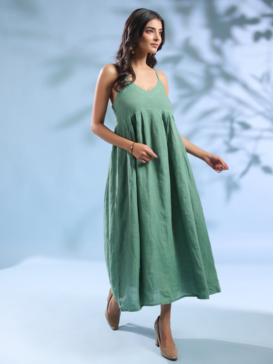 Green Pure Linen Fabric Midi Cami Dress for Women