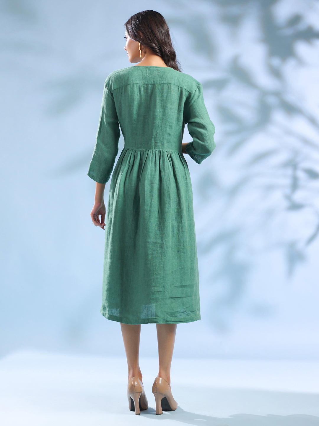 Green Crossover Neck Linen Fabric Dress for Women