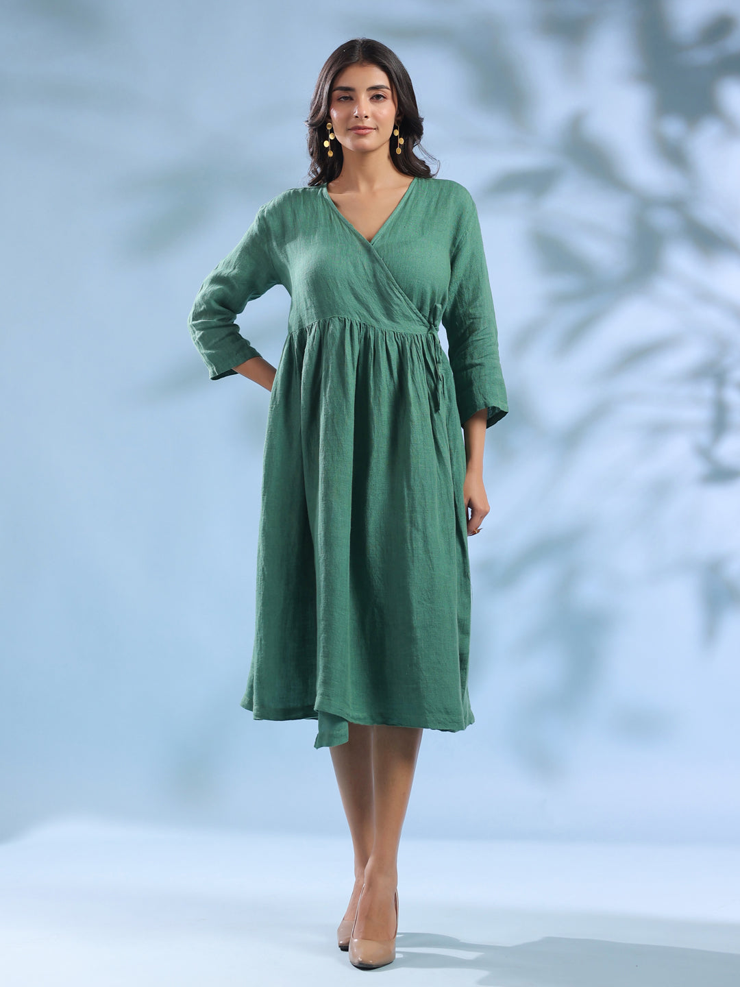Green Crossover Neck Linen Fabric Dress for Women