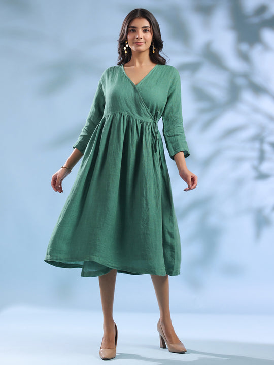 Green Crossover Neck Linen Fabric Dress for Women