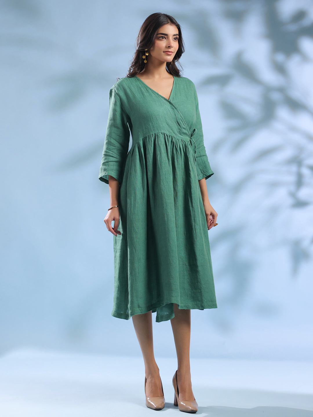 Green Crossover Neck Linen Fabric Dress for Women