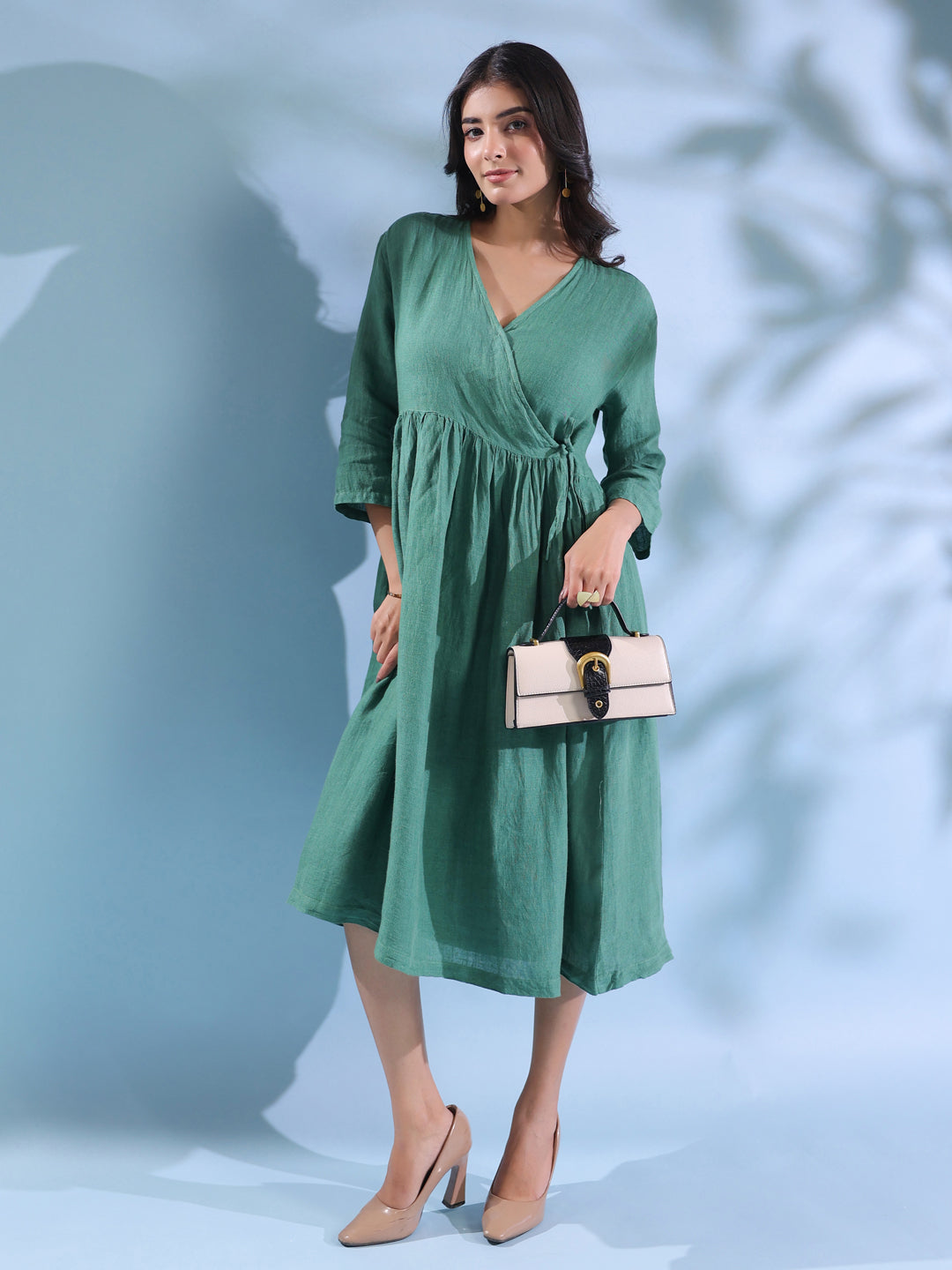 Green Crossover Neck Linen Fabric Dress for Women