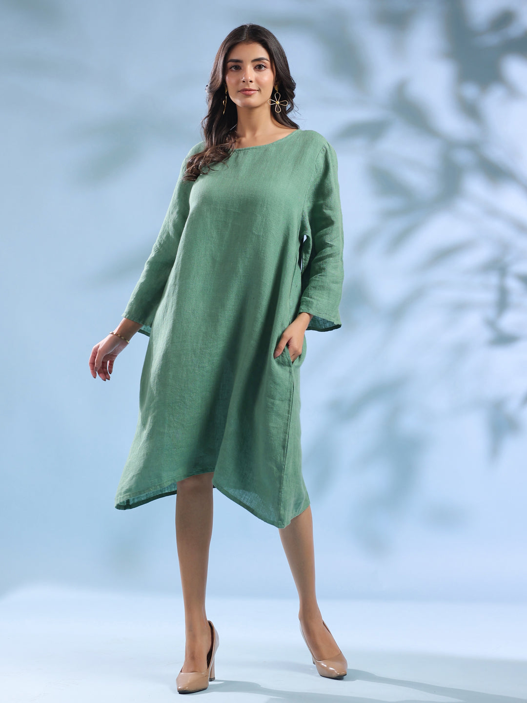 Emerald Green Pure Linen Knee-Length Dress for Women