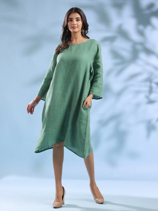 Emerald Green Pure Linen Knee-Length Dress for Women
