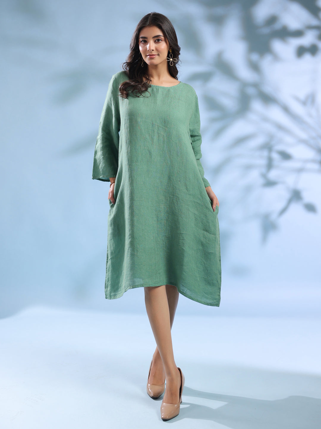 Emerald Green Pure Linen Knee-Length Dress for Women