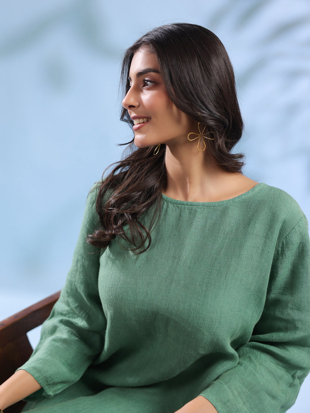 Emerald Green Pure Linen Knee-Length Dress for Women