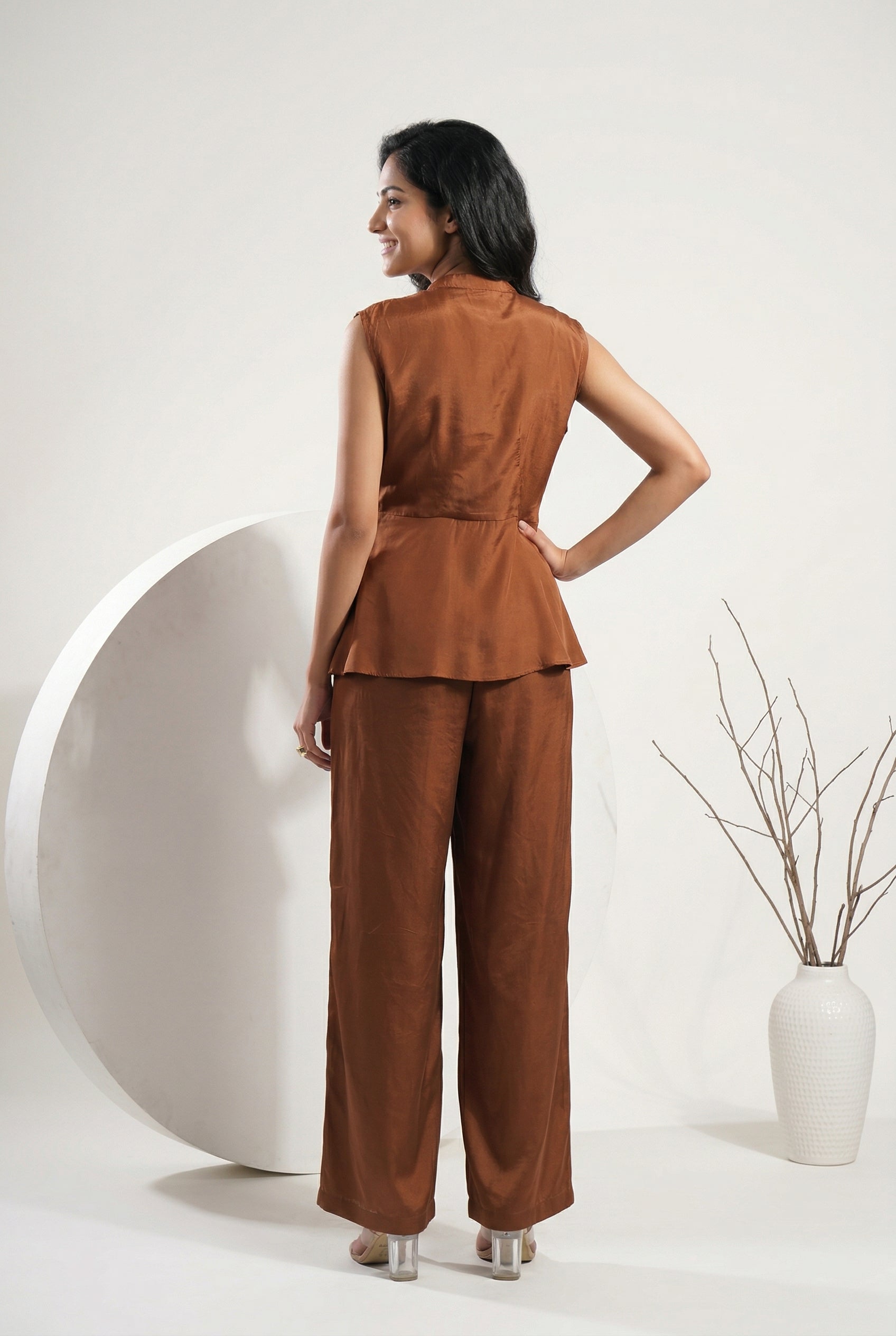 Brown V-Neck Solid Peplum Co-Ord Set For Women
