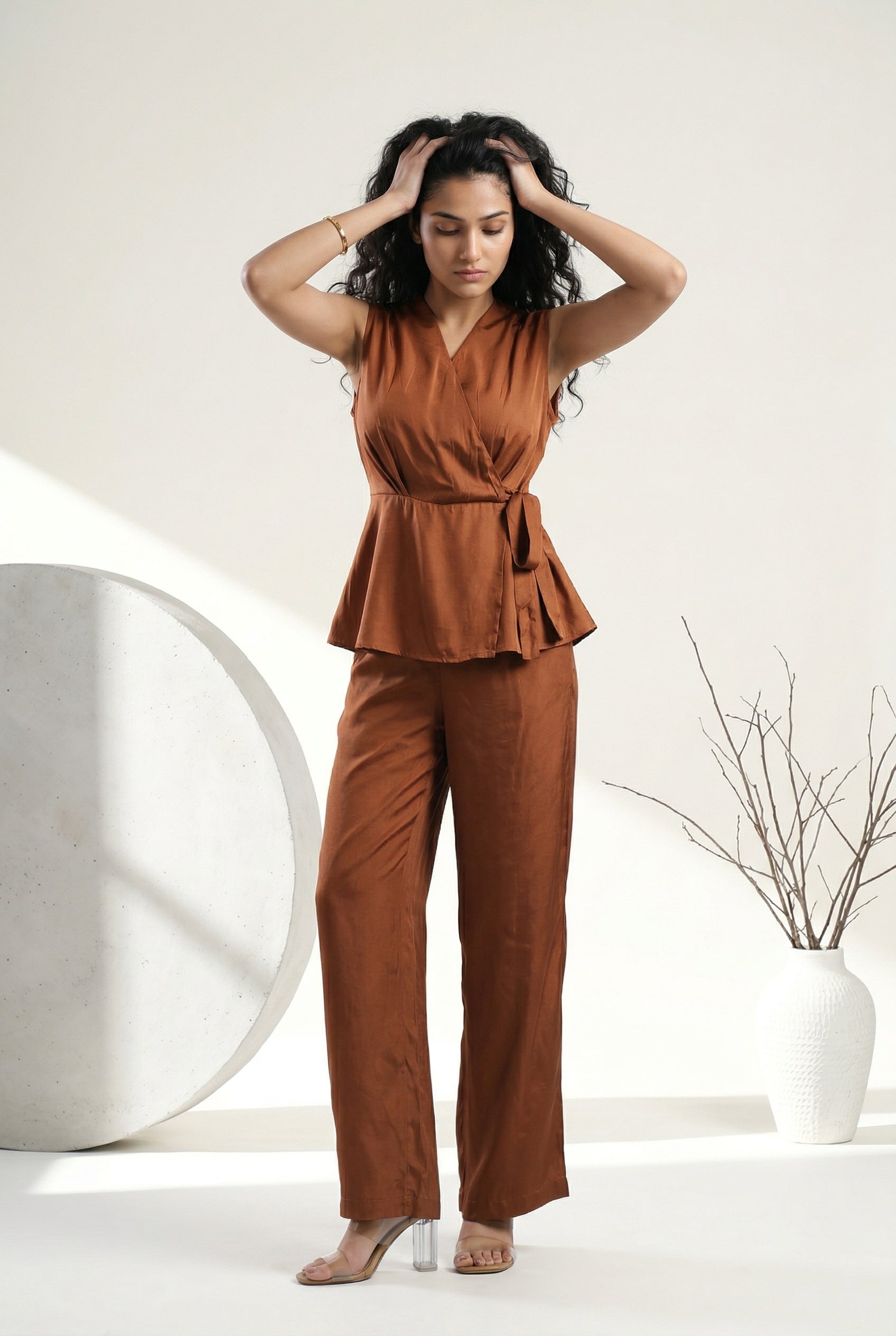 Brown V-Neck Solid Peplum Co-Ord Set For Women