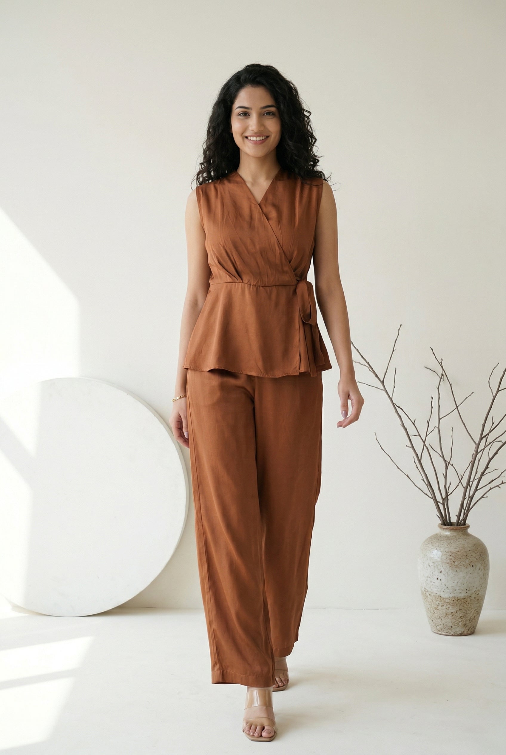 Brown V-Neck Solid Peplum Co-Ord Set For Women
