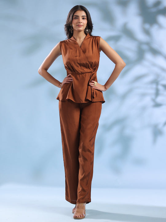 Brown Crossover Neck Winter Co-ords Set for Women