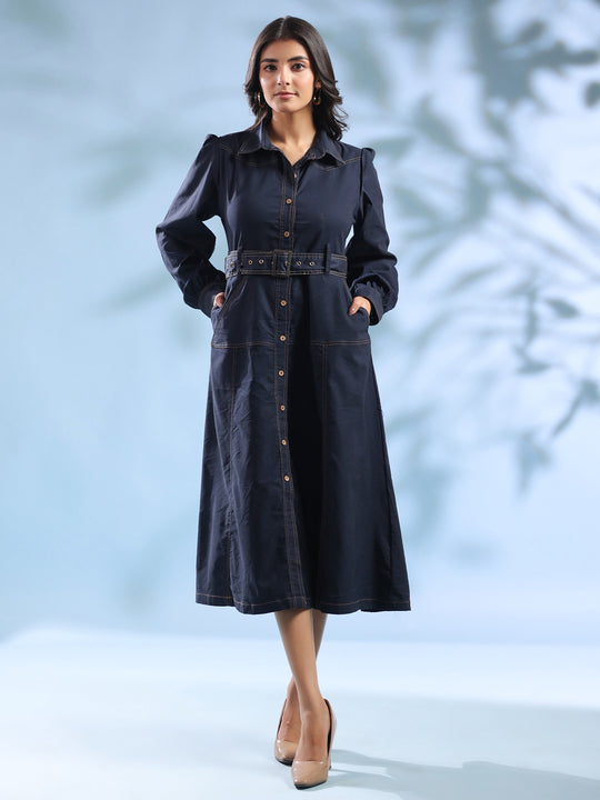 Navy Blue Belted Denim Midi Dress for Women