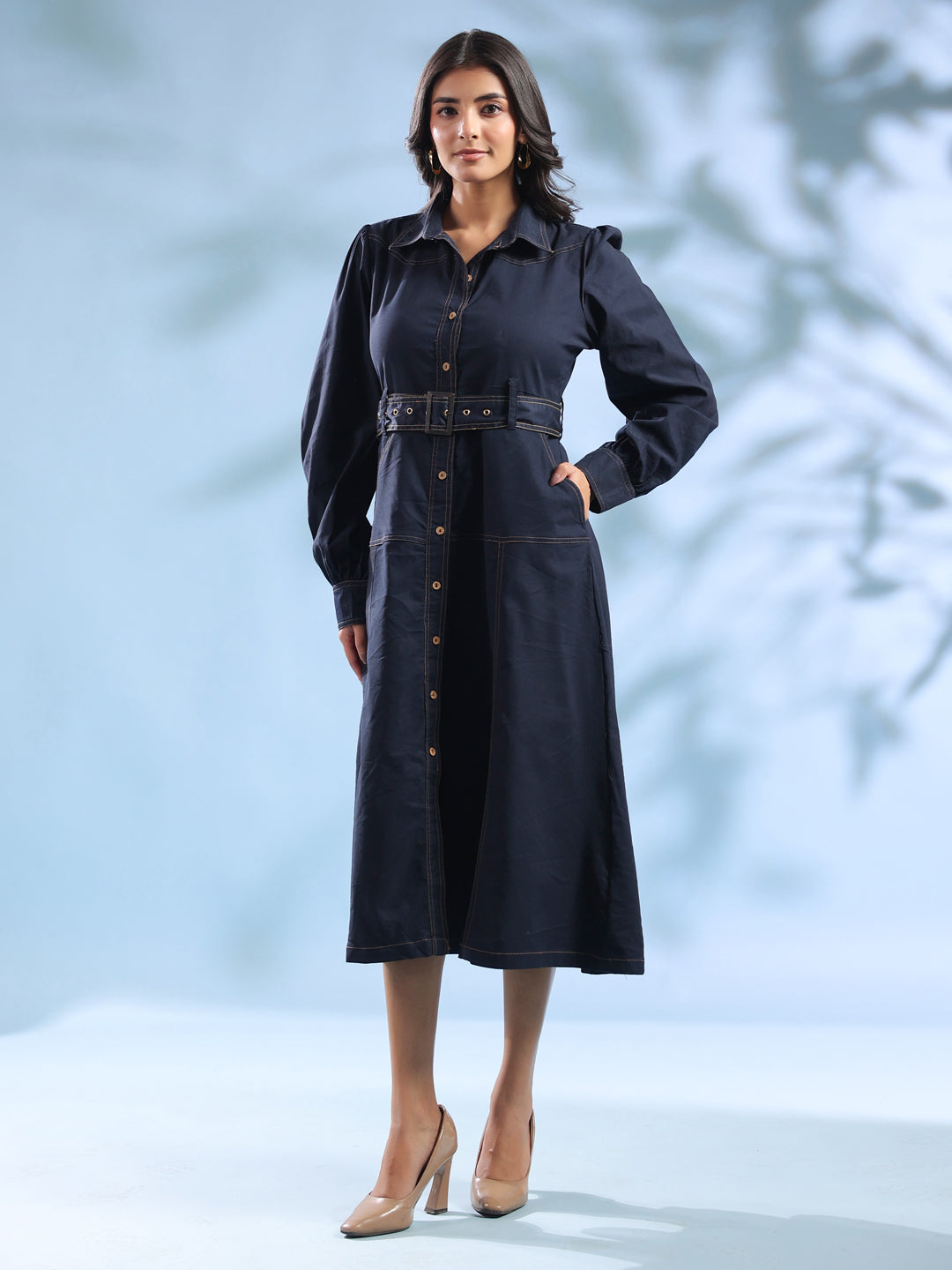 Navy Blue Belted Denim Midi Dress for Women