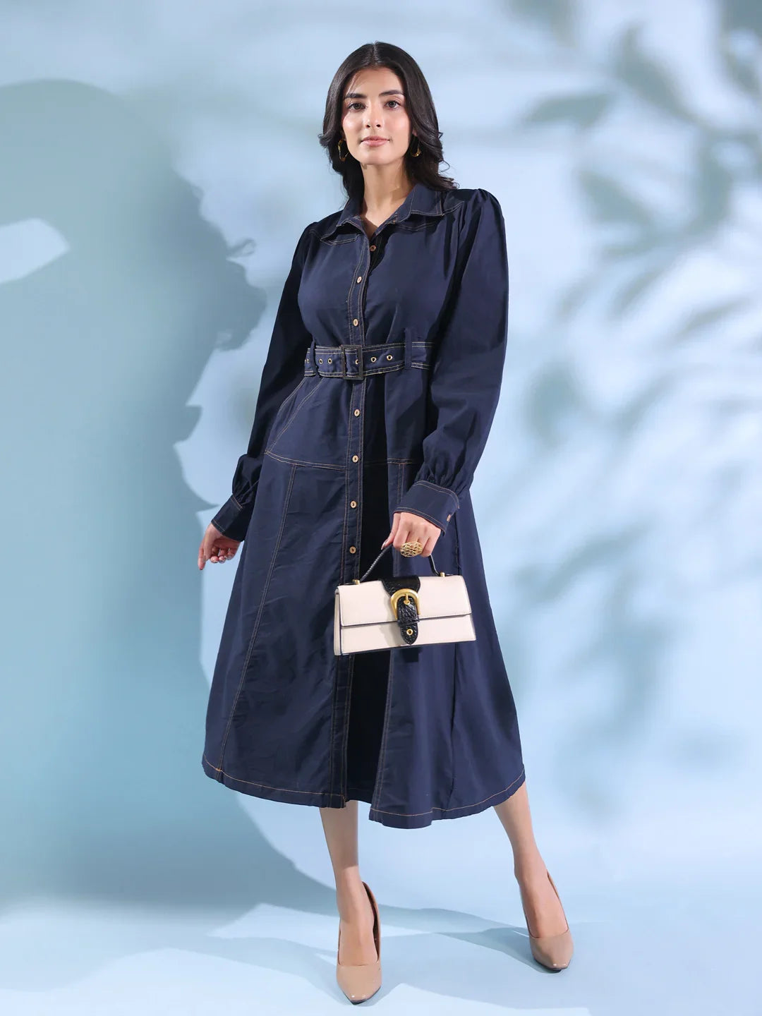 navy blue denim dress Buy Navy Blue Belted Denim Midi Dress For Women Online @ Best Price