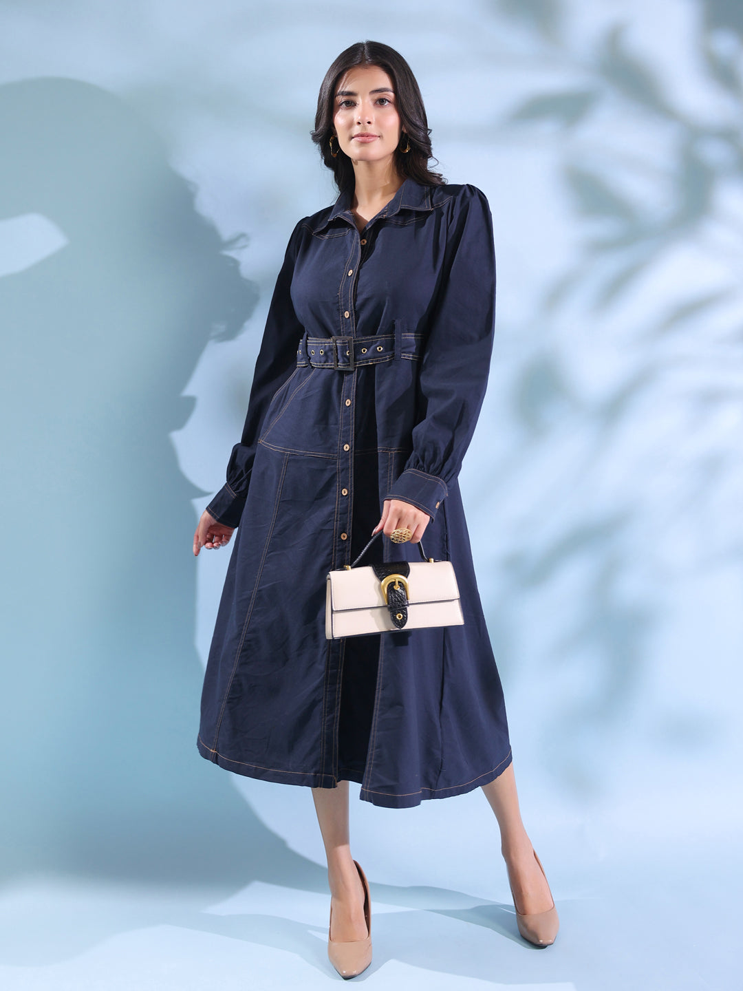 Navy Blue Belted Denim Midi Dress for Women