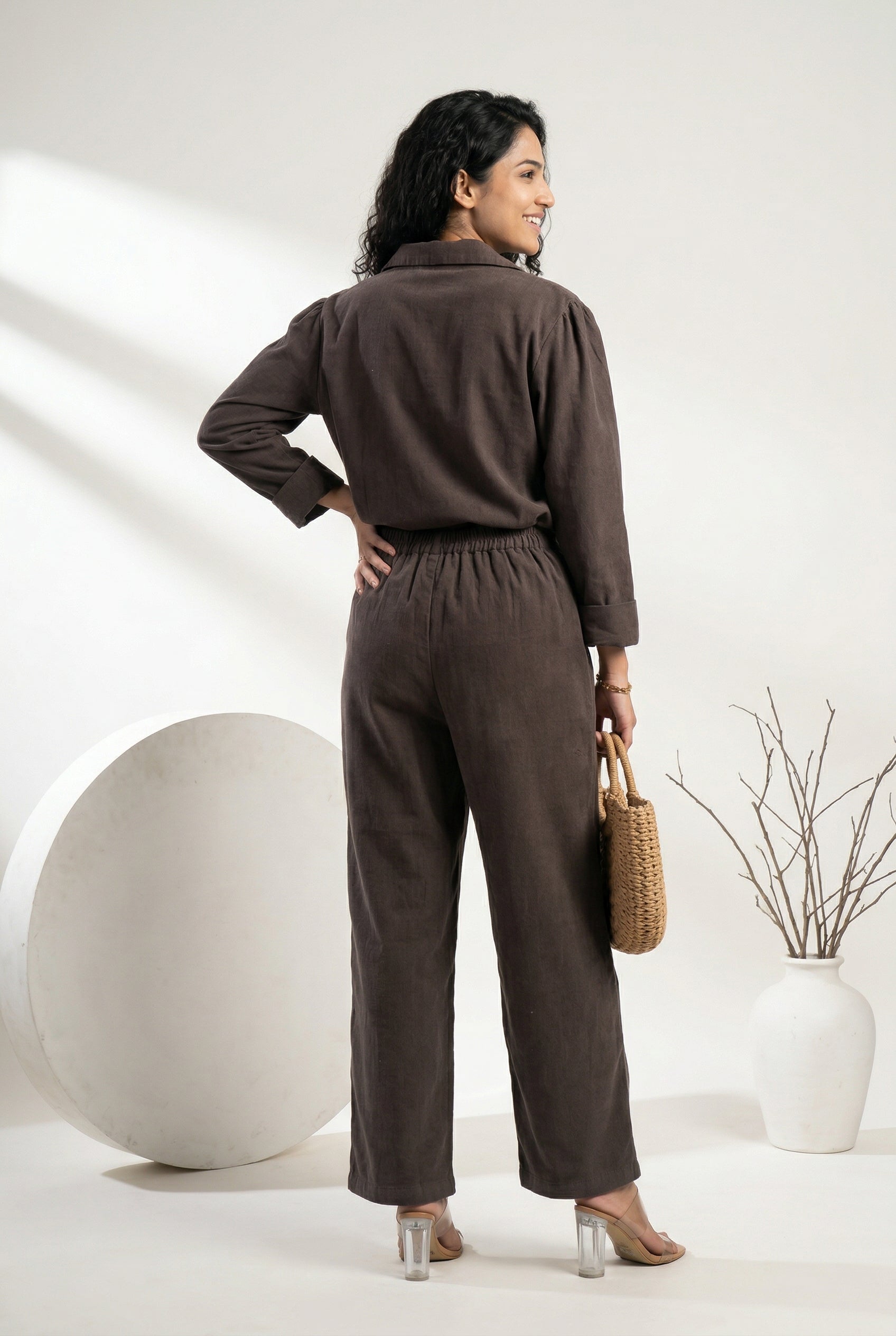 Grey Lapel Collar Solid Cotton Blend Night Suit For Women