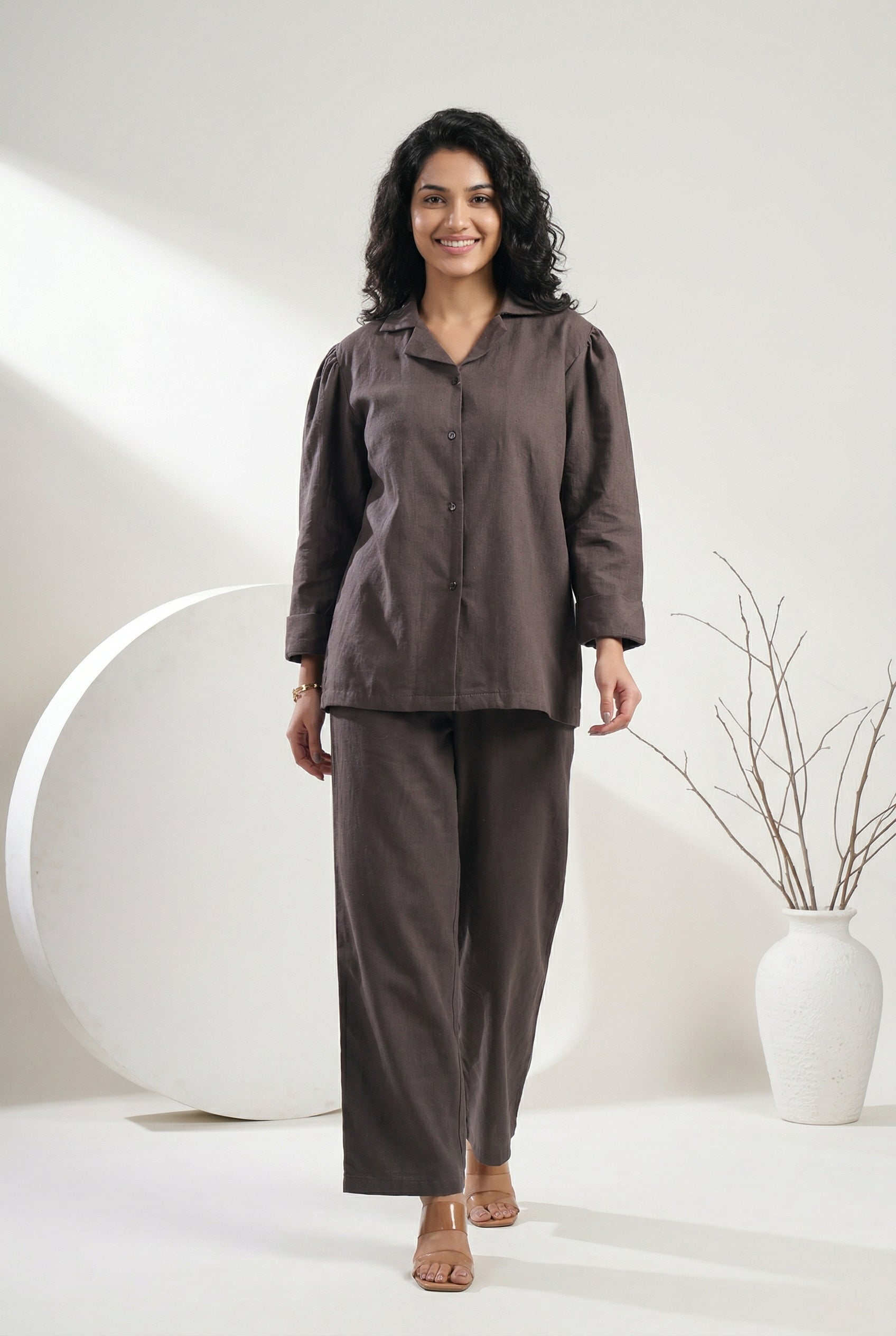 Grey Lapel Collar Solid Cotton Blend Night Suit For Women