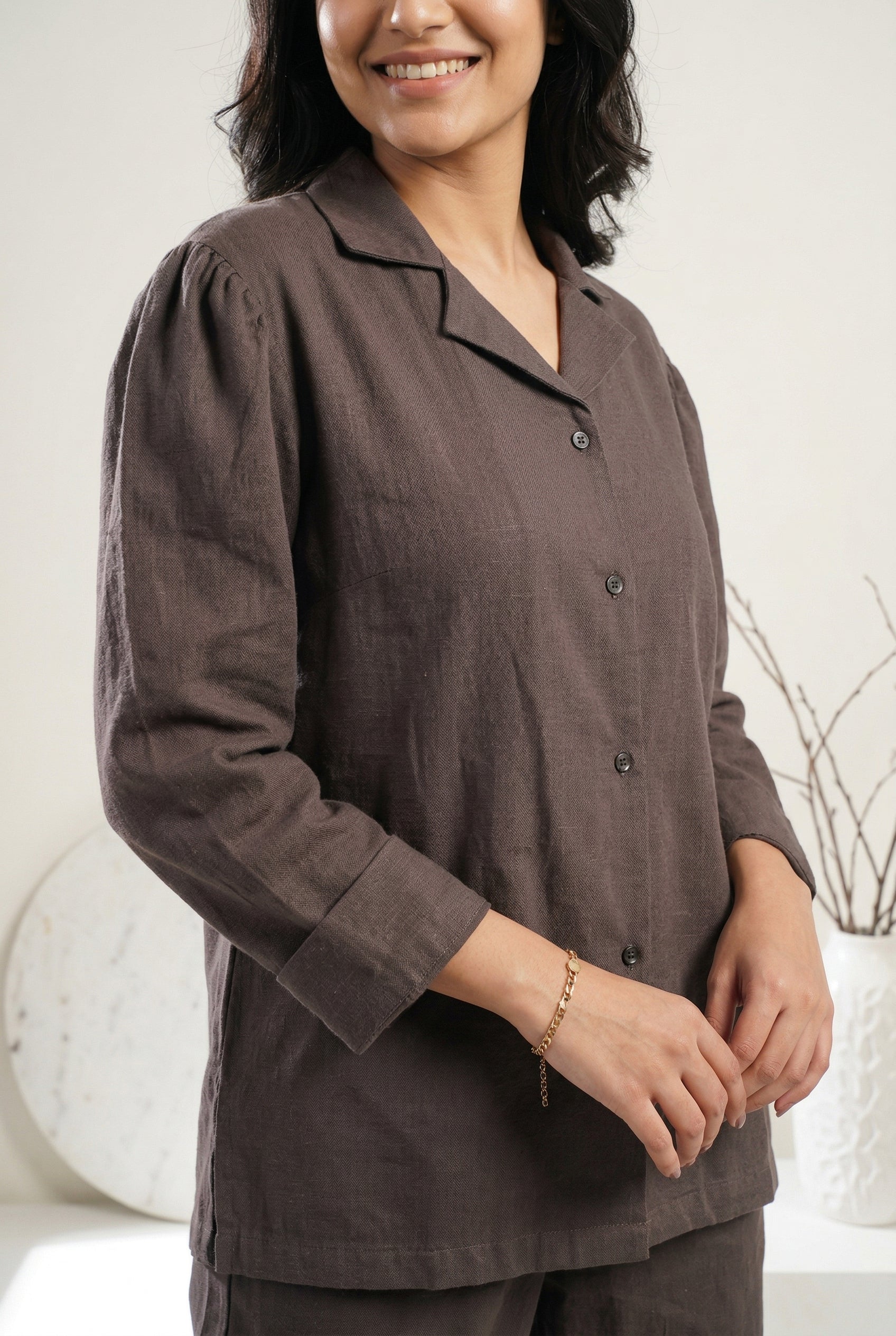 Grey Lapel Collar Solid Cotton Blend Night Suit For Women