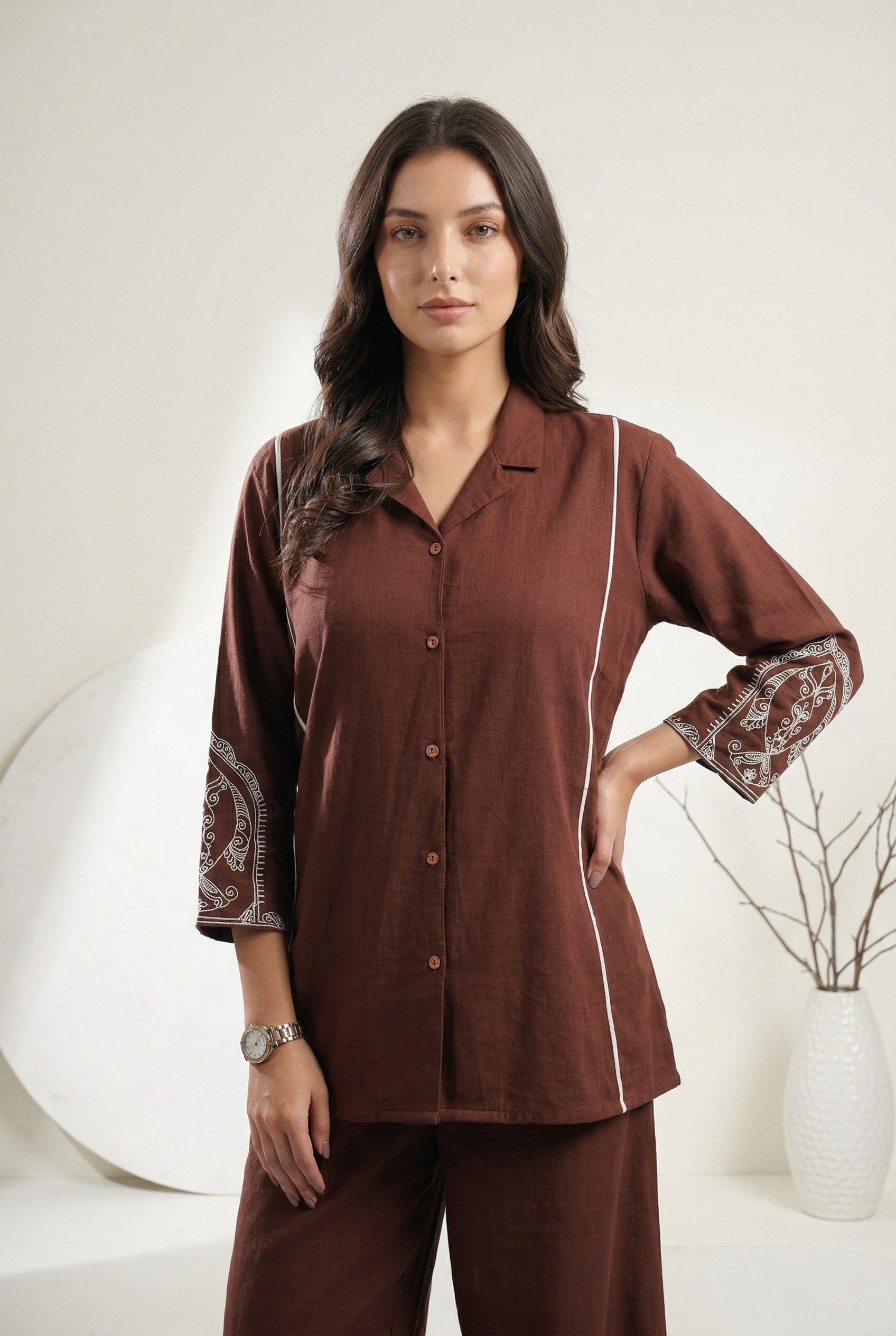 Brown Shirt Collar Dyed Pure Cotton Co-Ord Set For Women
