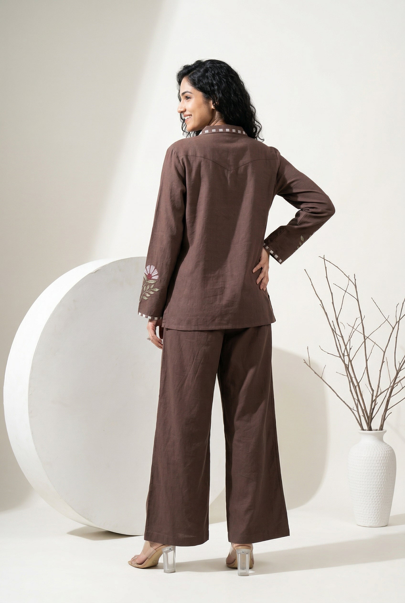 Coffee Brown Shirt Collar Pure Cotton Co-ord Set For Women