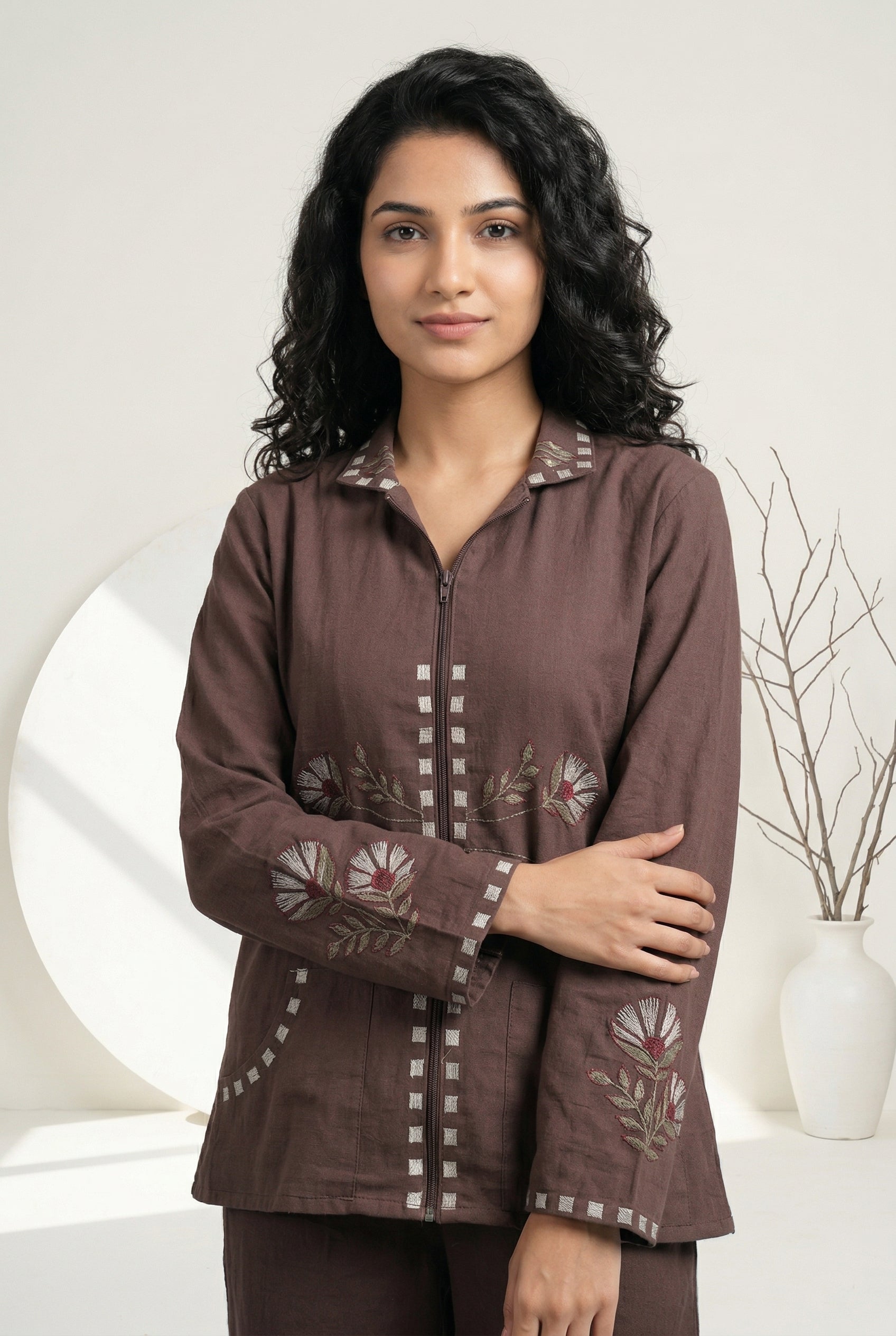 Coffee Brown Shirt Collar Pure Cotton Co-ord Set For Women