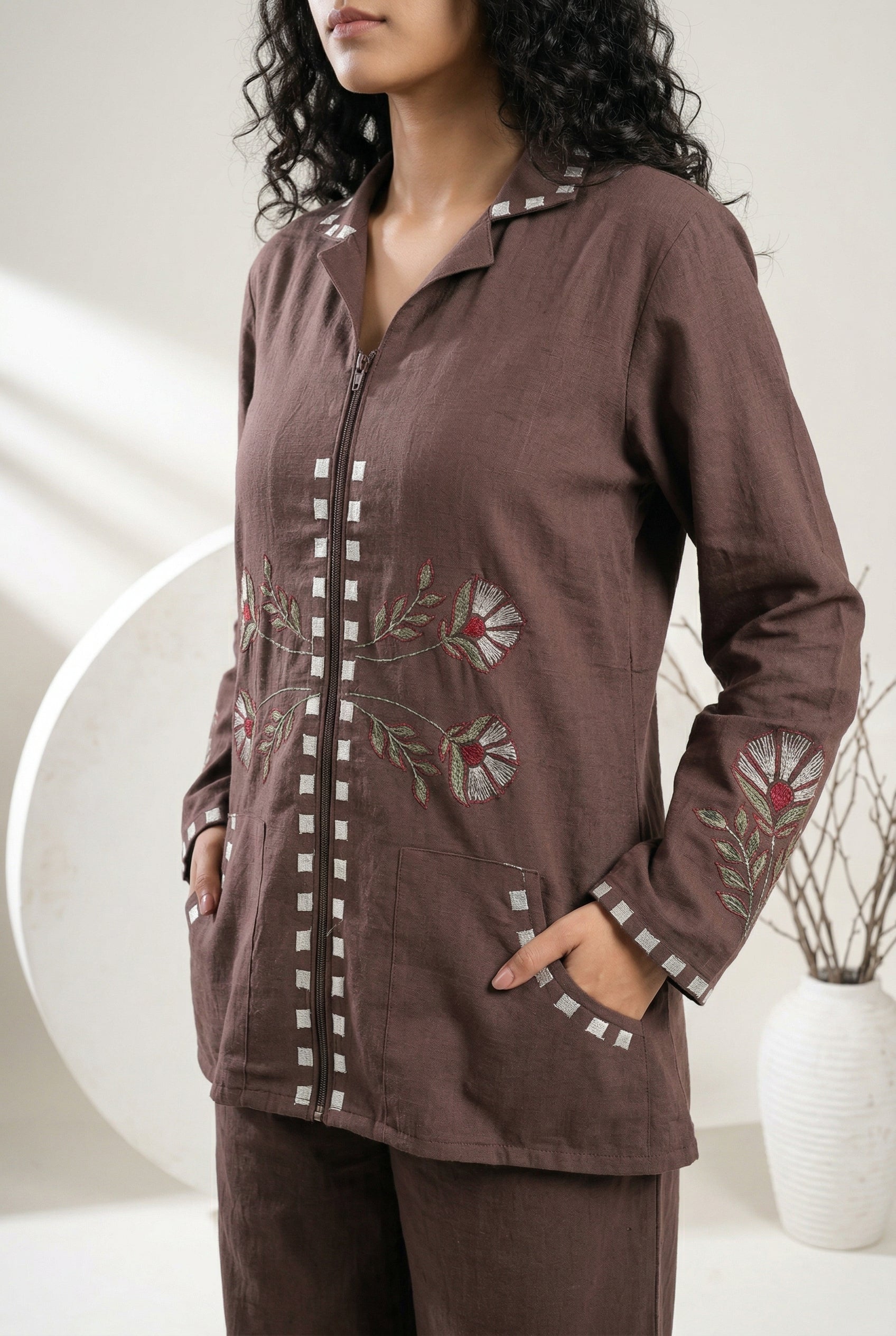 Coffee Brown Shirt Collar Pure Cotton Co-ord Set For Women