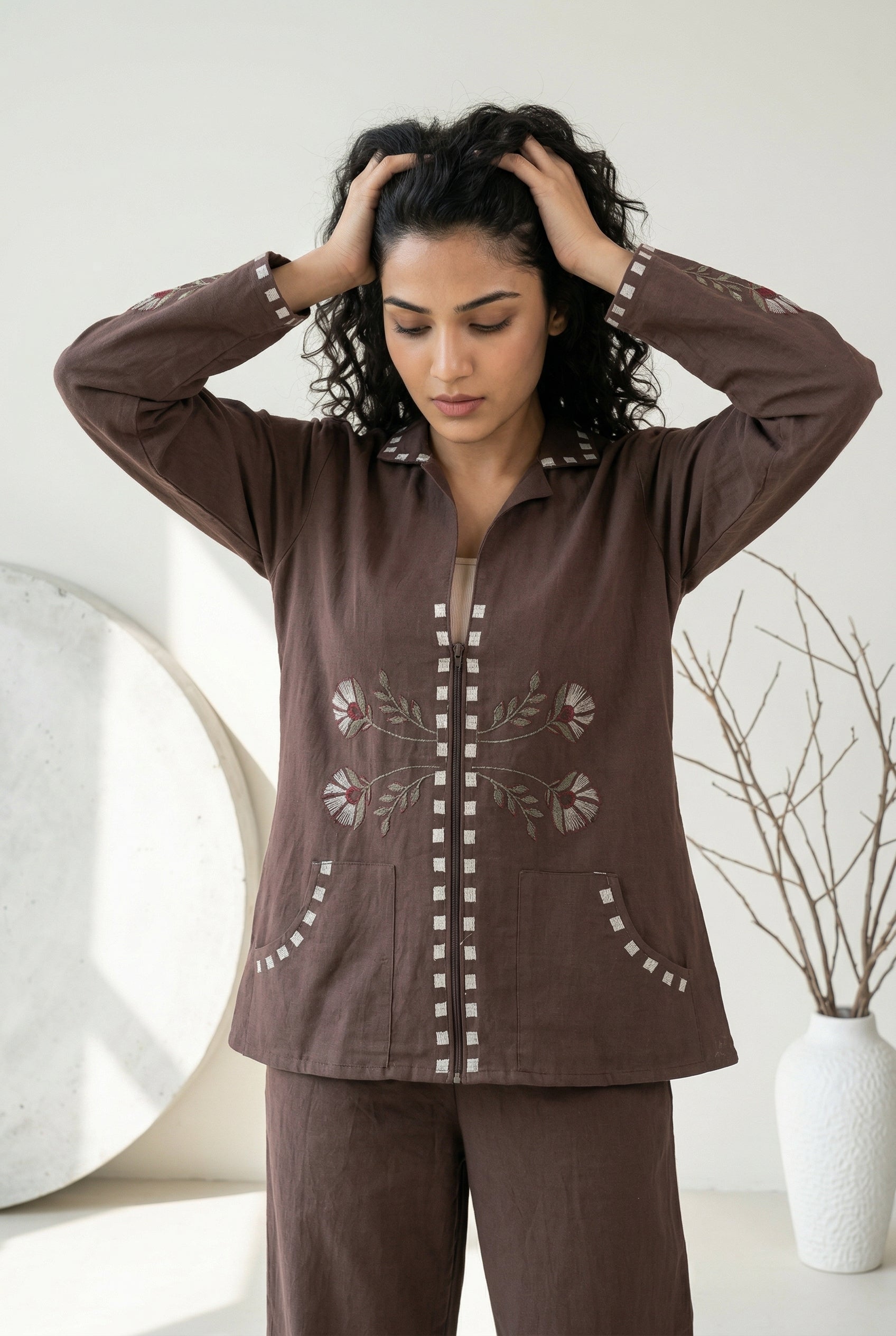 Coffee Brown Shirt Collar Pure Cotton Co-ord Set For Women