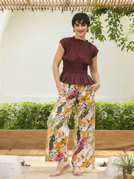 Brown Round Neck Pure Cotton Top Solid Co-ords Set for Women