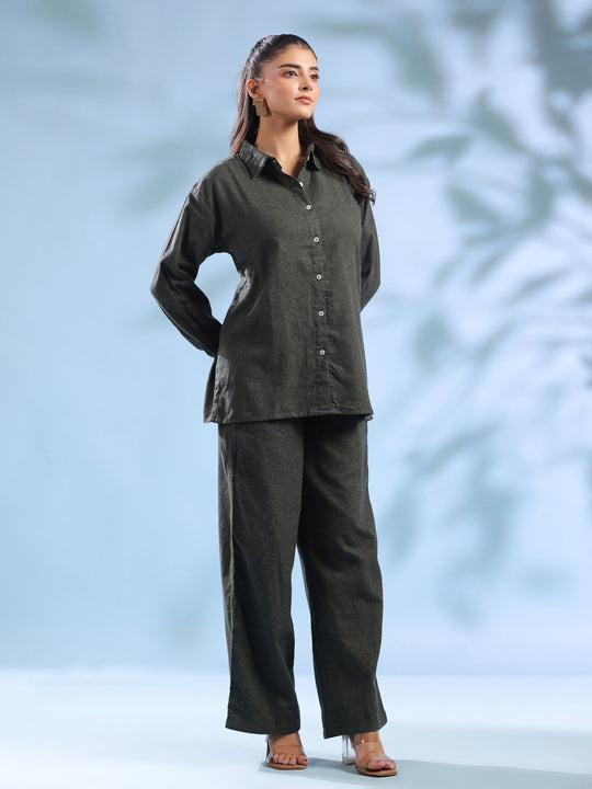 Olive Pure Cotton Shirt and Trousers Winter Night Suit Set