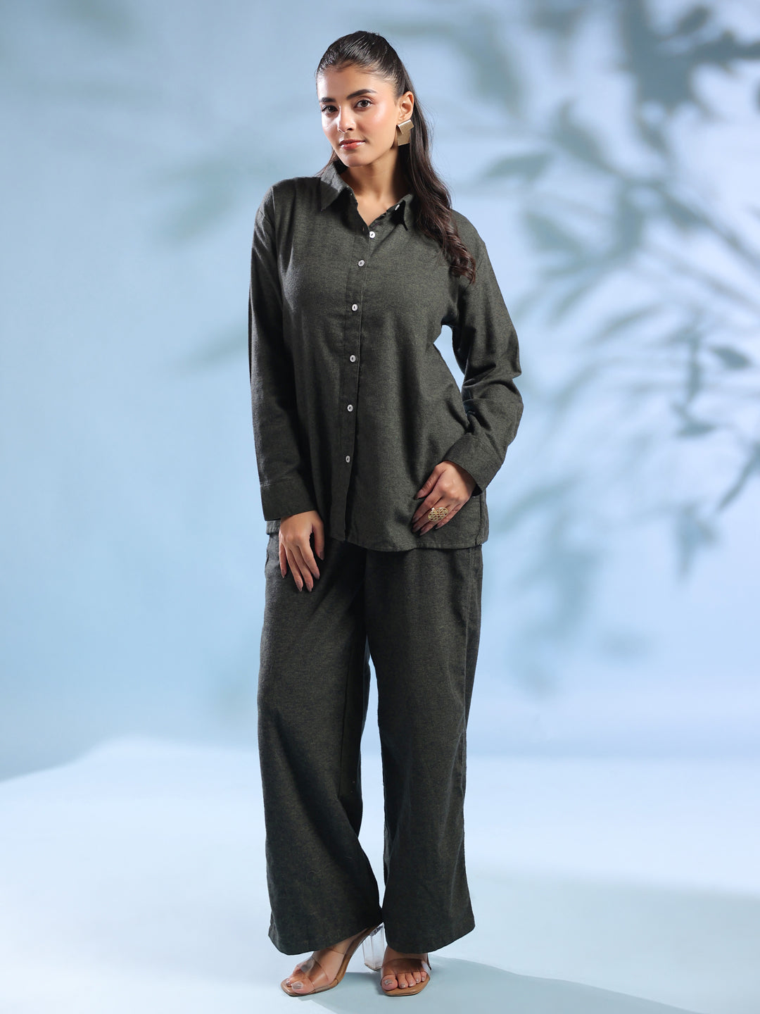 Olive Pure Cotton Shirt and Trousers Winter Night Suit Set