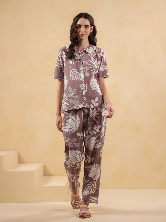 lilac Shirt Collar Pure Cotton Printed Night Suit for Women