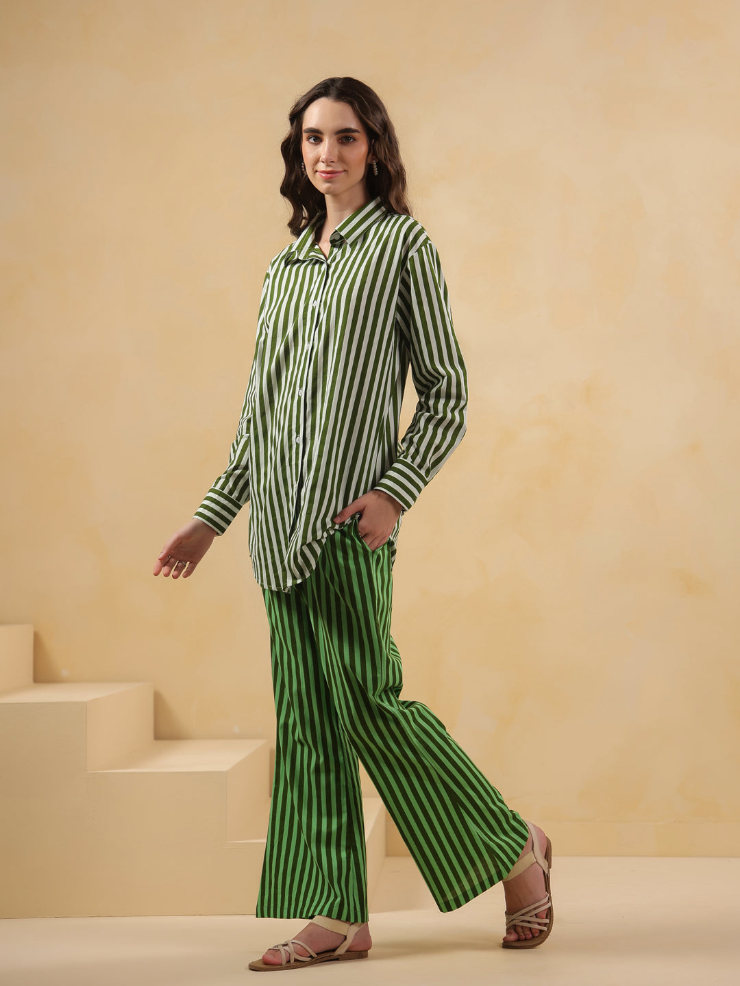 Green Striped Printed Co-ord Set for Women - SanskrutiHomes 