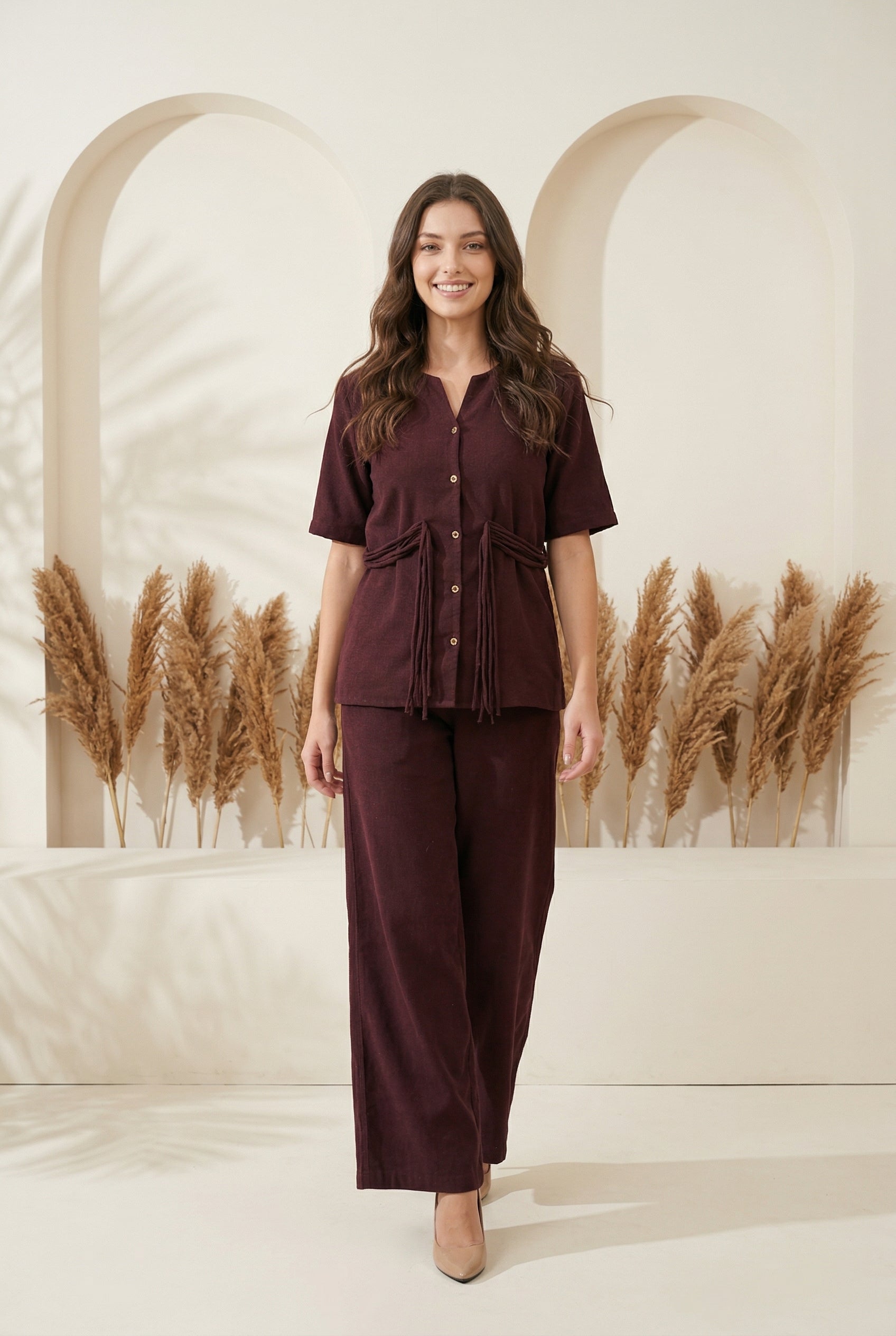 Purple Round Neck Shirt Collar Solid Pure Cotton Co-ord Set for Women