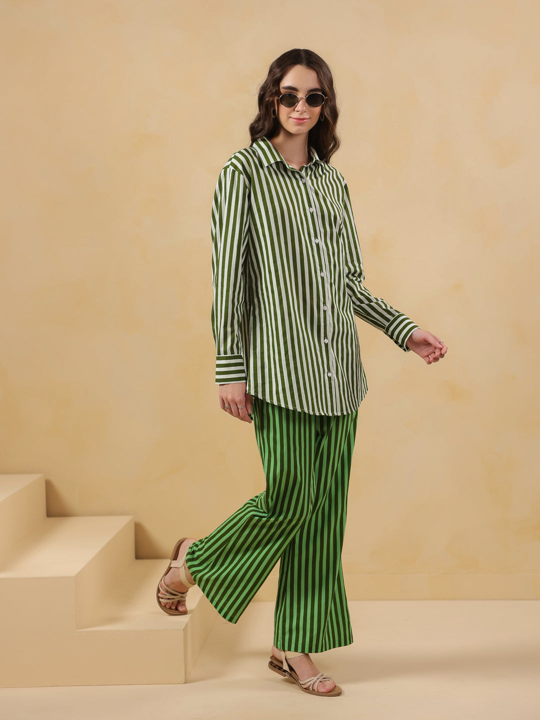 Green Striped Printed Co-ord Set for Women