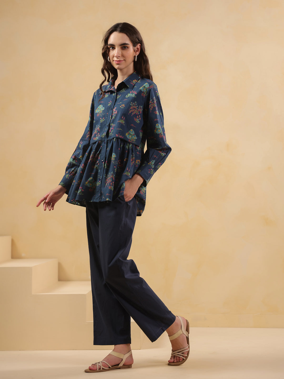 Navy Blue Shirt Collar Pure Cotton Printed Co-Ords Set For Women