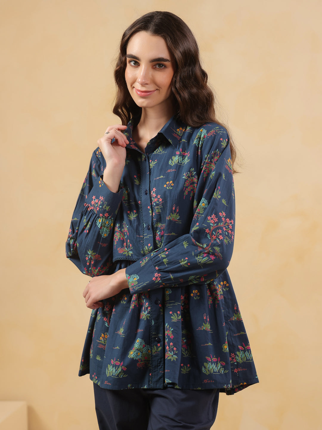Navy Blue Shirt Collar Pure Cotton Printed Co-Ords Set For Women