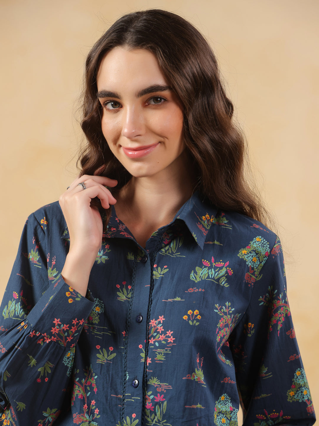 Navy Blue Shirt Collar Pure Cotton Printed Co-Ords Set For Women