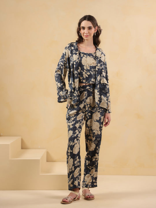 Navy Blue Shirt Collar Silk Blend Printed Co-ords Set for Women