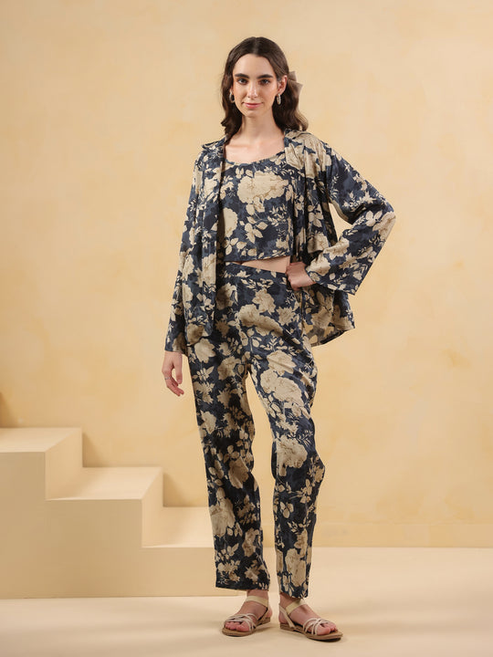 Navy Blue Shirt Collar Silk Blend Printed Co-ords Set for Women