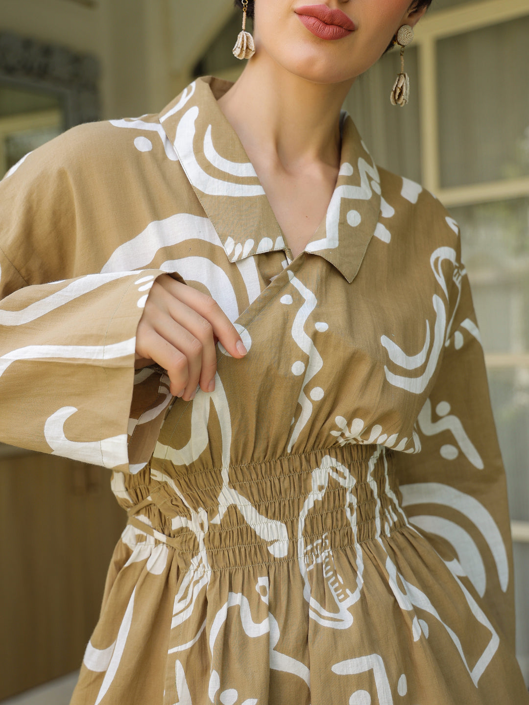 Olive Cotton Printed Shirt Collar Dress for Women