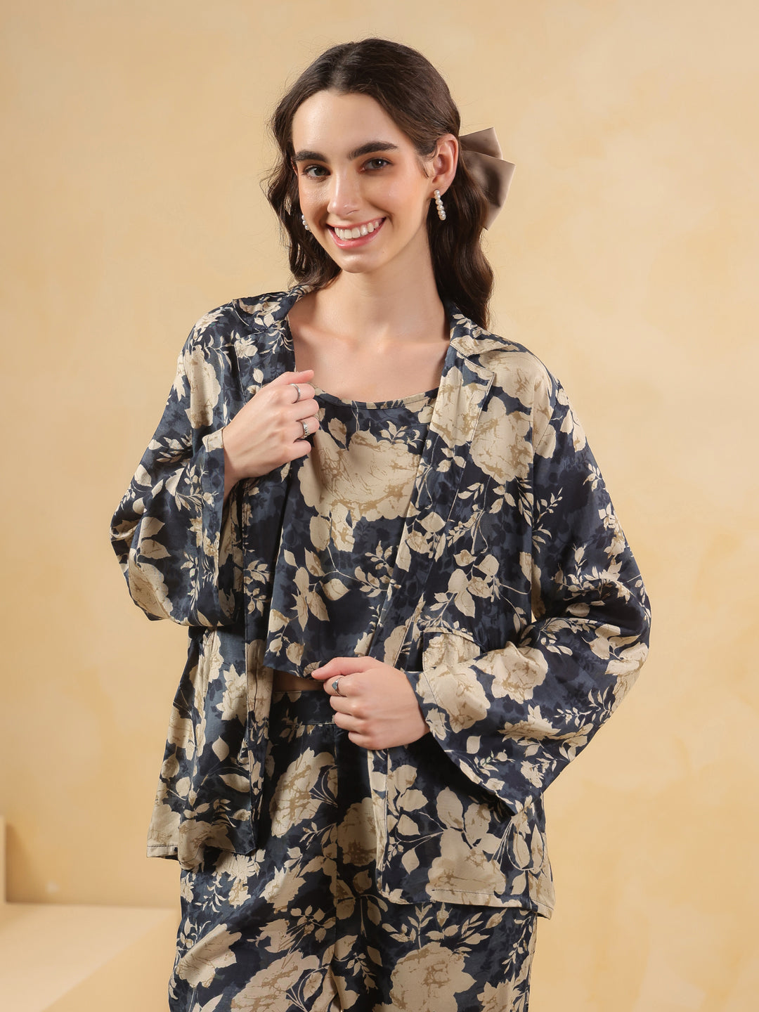 Navy Blue Shirt Collar Silk Blend Printed Co-ords Set for Women - SanskrutiHomes 
