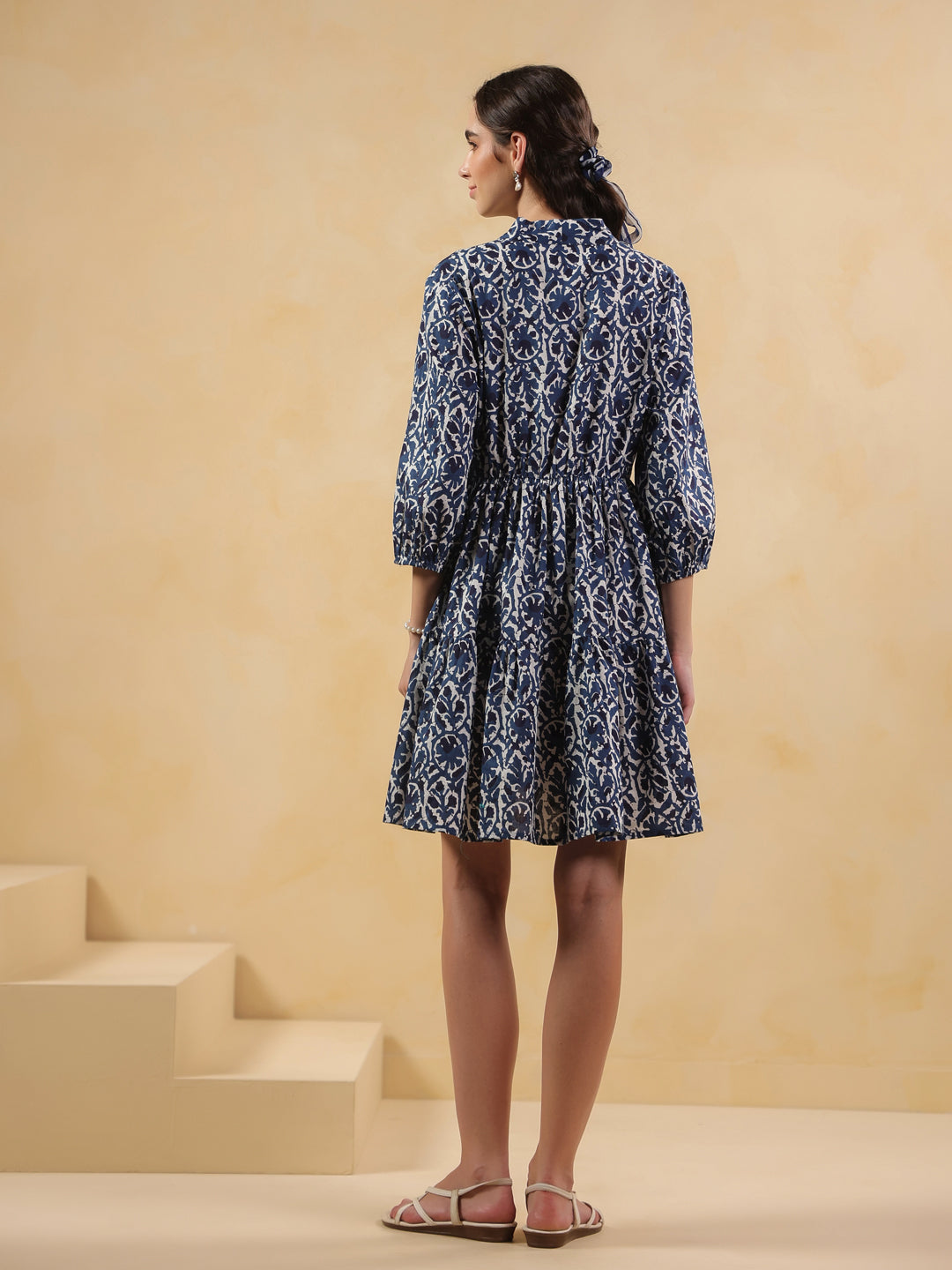 Blue Floral Printed Cotton Printed Dress