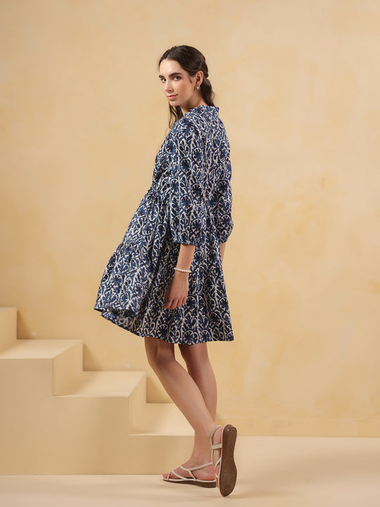Blue Floral Printed Cotton Printed Dress