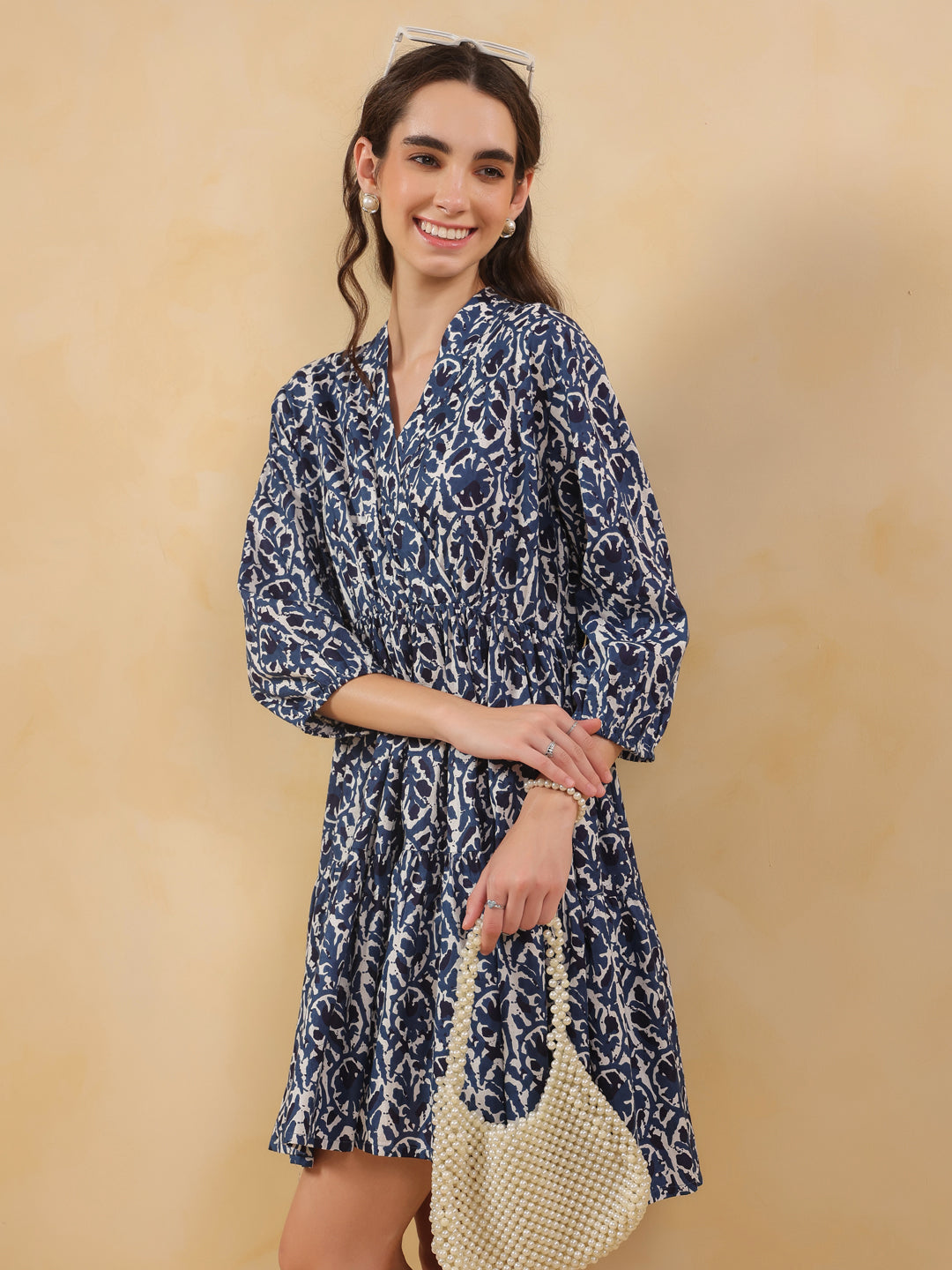 Blue Floral Printed Cotton Printed Dress
